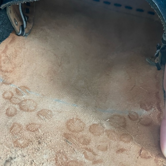 Structured Blue Leather Shoulder Bag with Floral Hand Painted Details Gold Hinge - Picture 14 of 16